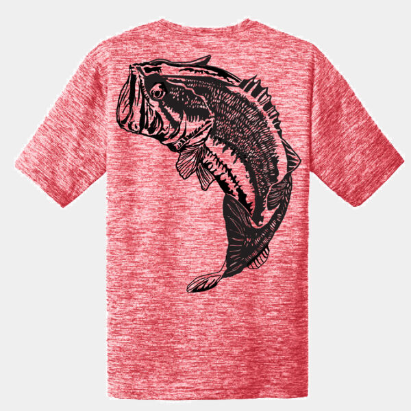 Mens Dri-fit Short Sleeve Fishing shirt with Largemouth Bass Image on the back Thumbnail