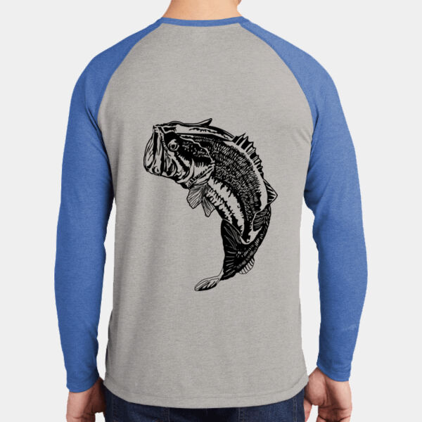 Mens Dri-fit Long Sleeve Fishing shirt with Largemouth Bass Image on the back Thumbnail