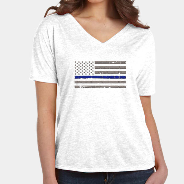 Thin Blue Line Flag Design on Ladies Slouchy V-Neck T-Shirt Thumbnail