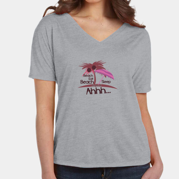 Beach, Eat, Sleep, Repeat Design on Ladies Slouchy V-Neck T-Shirt Thumbnail